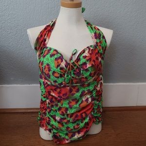 NEON LEOPARD PRINT RUCHED HALTER ONE-PIECE {Large}